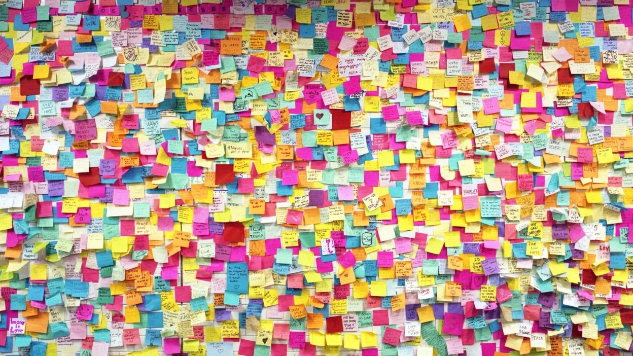 Image of a very messy story map on a wall