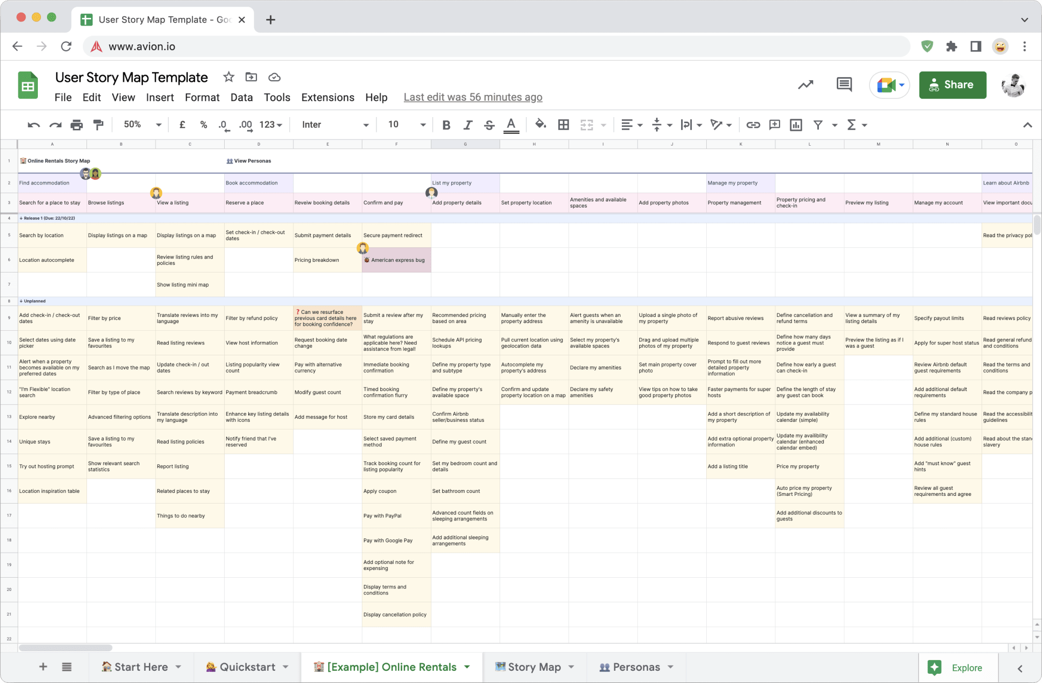 Zoomed out view of the xlsx story mapping template