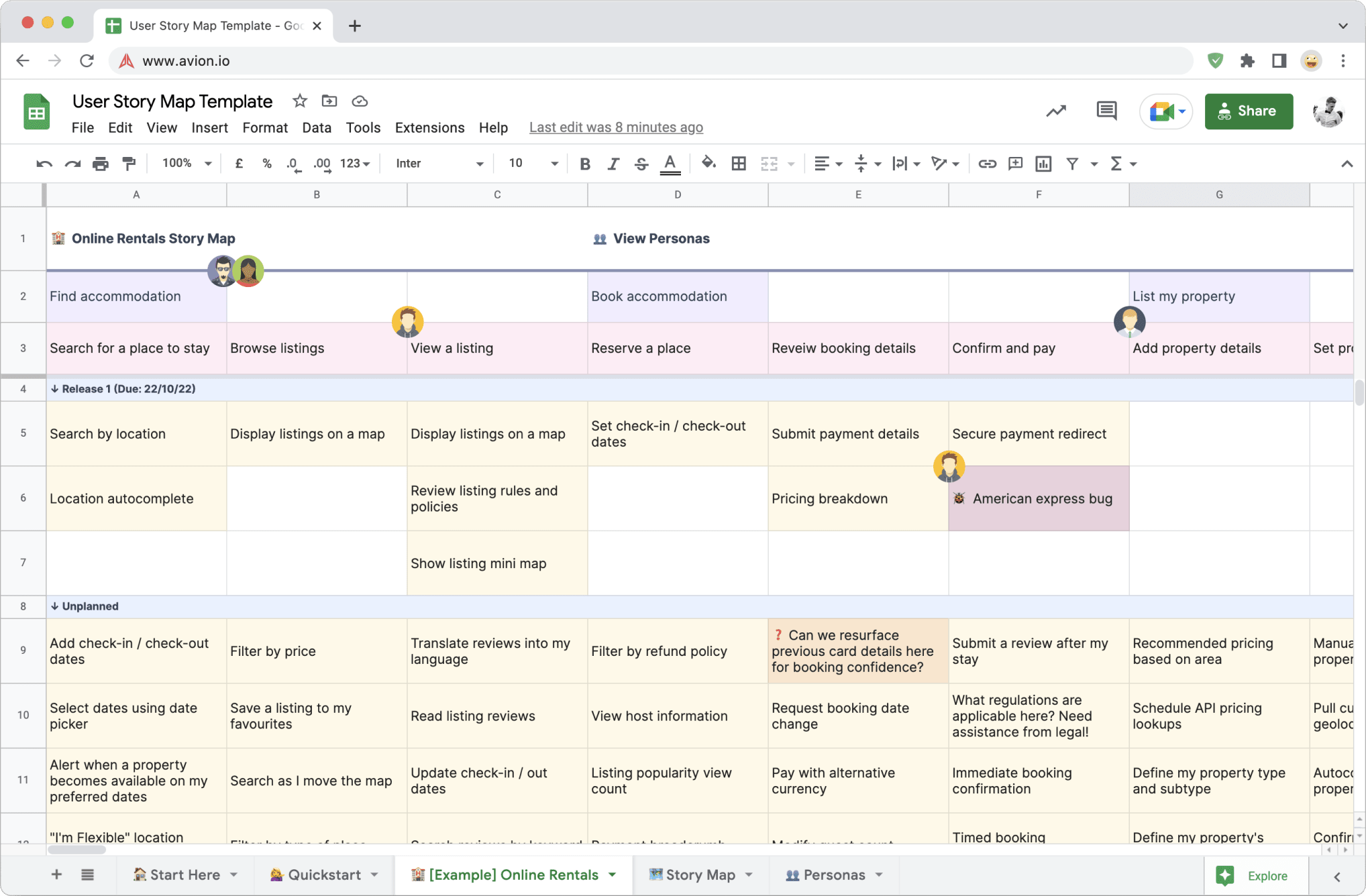 Zoomed in view of the xlsx story mapping template