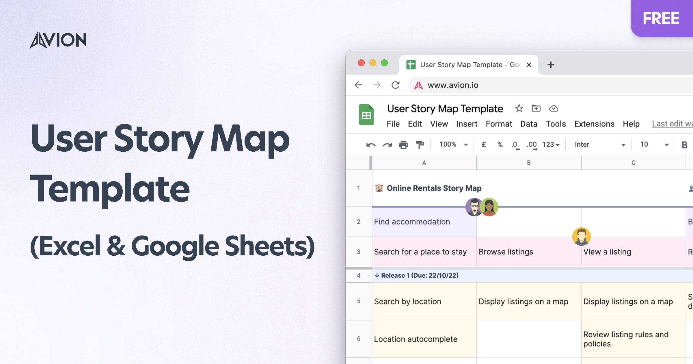 User story mapping template for spreadsheets, Excel (XLSX) and Google Sheets